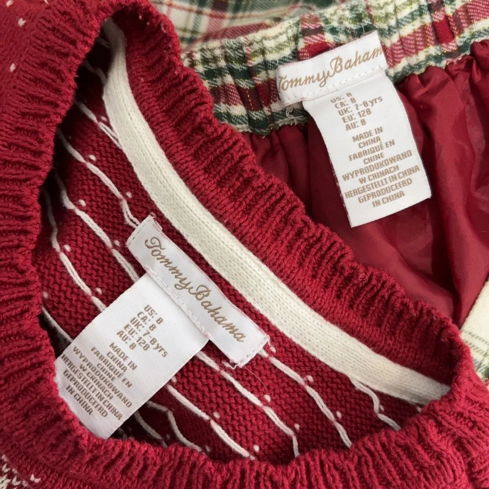 Tommy Bahama Sweater Skirt Set Girls 8 Red Plaid Floral Fair Isle Holiday 2pc
